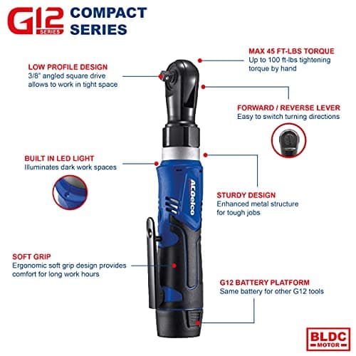 ACDelco ARW1209-K9 G12 Lithium-Ion 12V (10.8V) Electric 3/8" & 1/4" Cordless Ratchet Wrench Power Tool Combo Kit | Tool Set Includes x1 Battery Pack, Charger & Canvas Bag — view 2