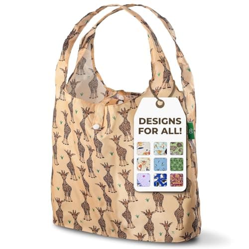 ECO CHIC Lightweight Foldable Reusable Shopping Bag Water Resistant Tote Bag (Giraffes Beige)