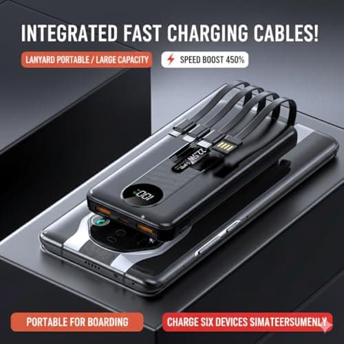 Power Bank with 4 Built-in Cables, 22.5W PD Fast Charging Portable Charger 10000mAh High-Capacity Battery Pack with LED Display 6-Output & 5-Input for Smartphones Tablets and More (Black, 10000mAh) — view 4