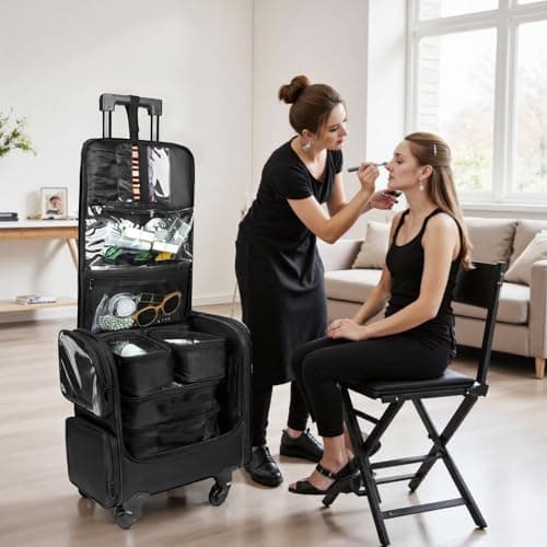 Rolling Makeup Train Case, Professional Makeup Organiser Case, Large Travel Cosmetic Organizer Make Up Storage Bag Trolley for Artist, Hairstylist, Vanity Beauty Box with 5 Toiletry Bags — view 2