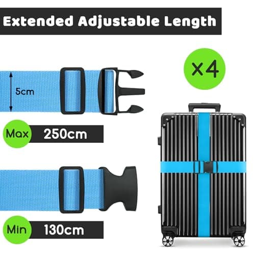 WISYOK Luggage Straps Extended, 4 Pack, 130-250cm Adjustable, SkyBlue — view 2