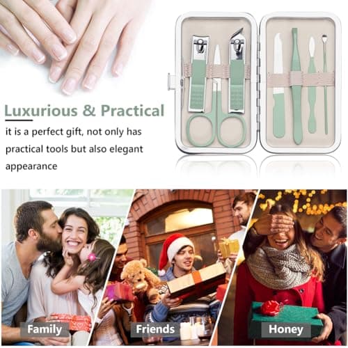 URAQT Professional Manicure Set, 7 pcs Portable Nail Clippers & Eyebrow Grooming Kit, Stainless Steel Nail Care Tools with Luxurious Leather Case for Travel & Home（Green） — view 4