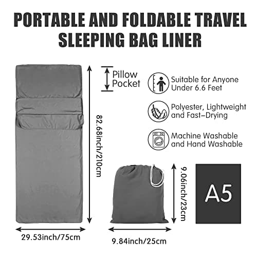 Plliocse Sleeping Bag Liner Travel Sheet Sleeping Bag, 75 x 210 cm Sleeping Bags Liners with Pillow Pockets for Adults, Travel, Hotels, Business Trip, Camping (Grey, 75cm x 210 cm) — view 3
