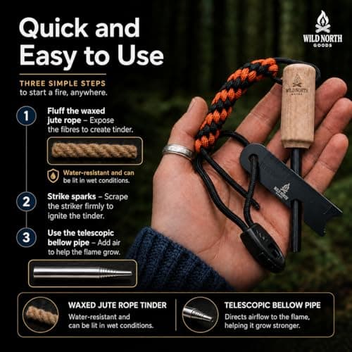 Wild North Goods Fire Starter Kit - Ferro Rod, Striker, Tinder Rope, Bellow & Bag - Survival Gear for Camping, Bushcraft, Hiking & Emergency Use (15,000+ Strikes) — view 4