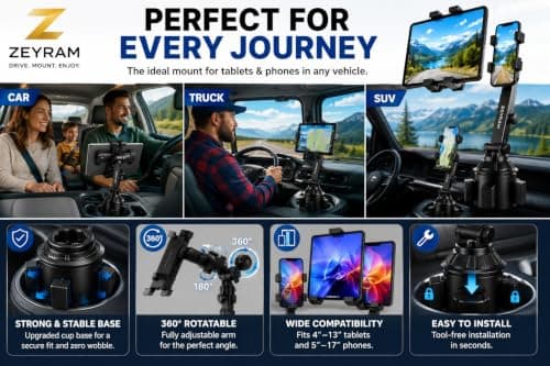 Car Cup Holder Tablet Mount, iPad Holder for Car, Car iPad Holder, Car Tablet Mount, Heavy Duty Adjustable Arm, Fits 4-13 Inch, Thick Case Friendly, Deep Claws, 360° Rotation — view 2