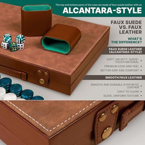 Large Backgammon Set for Adults – Classic Board Game for 2 Players – 15 Inch Premium Backgammon Board with Alcantara & Faux Leather Case, 32 Playing Chips, Dice Cups & Doubling Cube — view 2