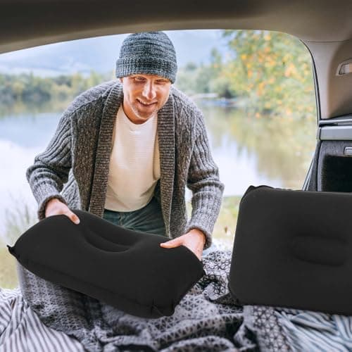 Geelin 20 Pack Inflatable Pillows for Camping Travel Beach Vacation Sand Squared Flocked Soft Fabric Backpacking Ultralight Pillows for Office Sleeping Neck Head Lumbar Support(Black) — view 5
