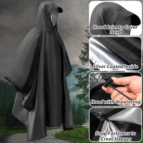 Dr.Fish Waterproof Rain Poncho for Adults, Lightweight Hooded Rain Coat Jacket with Pockets, Breathable Ripstop Rainwear for Hiking Camping Cycling, Packable with Storage Bag Black-Sliver — view 4