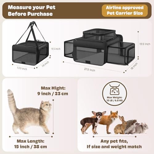 Top and 2 Sides Expandable Large Cat Carrier 18x13.5x9.5, TSA Airline Approved Dog Carriers for Large Dogs, Soft-Sided Pet Carrier with Self-Locking Zippers for Kitten,Rabbit, Puppy, Guinea Pig Black — view 4