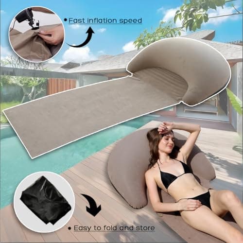 Inflatable Beach Mat Lounge Chair, Outdoor Sunbathing Sleeping Pad with Inflatable Pillow, Portable Flocking Beach Lounge Chair, Suitable for Lawn, Outdoor Camping, Travel, Beach Vacation (Khaki) — view 6