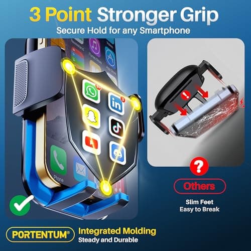PORTENTUM Car phone holder air vent with hook – New 2026 version – Triple lock system – 360° Adjustable rotation – Compatible with any phone 4–7.5" — view 6