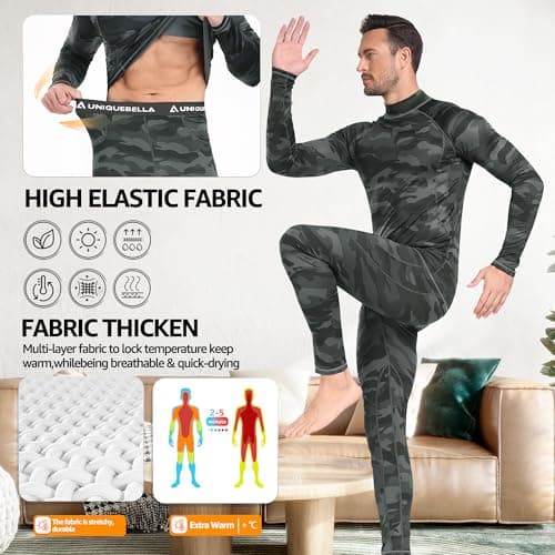 UNIQUEBELLA Mens Thermal Underwear Set Long Sleeve Turtleneck Tops Long Johns Thermal Base Layer Bottom Fleece Lined Quick Drying — view 3