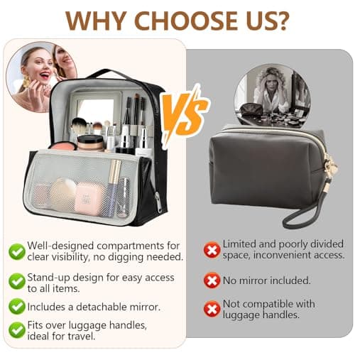 Travel Makeup Bag, CS COSDDI Make Up Bags for Women Large Capacity Cosmetic Bags Waterproof Toiletry Bag with Luggage Compartment Tie and Detachable Mirror, Leather Portable Standing Makeup Bag — view 6