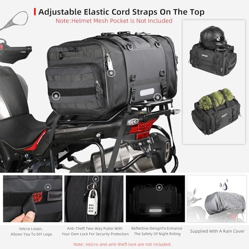 Rhinowalk Motorcycle Travel Luggage, Expandable Motorcycle Tail Bag 45L,Waterproof All Weather/Trunk/Rack Bag with Sissy Bar Straps-Black — view 6