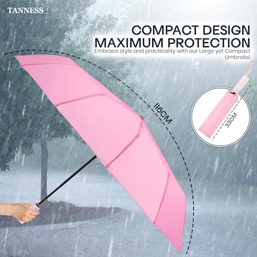 TANNESS Windproof Umbrella – 10-Rib Waterproof & Compact with Automatic Open/Close Function and Ergonomic Handle – Folding Mini for Rain, Sun, & Strong Wind Protection - Pink — view 3