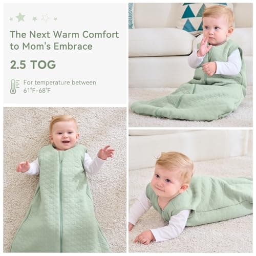 Unnivoll Baby Sleeping Bag 2.5 Tog 0-6 Months 100% Cotton Winter Sleeping Bag Baby 2-Way Zipper Quilted Sleep Sack for Newbron Infant Warm Soft Green — view 6