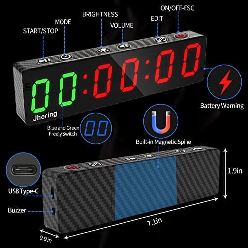 Jhering Gym Timer, Portable, Interval Timer with Rechargeable Battery and Built-in Magnet, LED Digital Anti Vertigo Display, Upgraded Workout Clock for Home Gym Garage Fitness(1" Carbon Fiber) — view 2