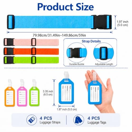 4Pcs Luggage Straps, Adjustable Suitcase Strap with 4Pcs Luggage Labels, Suitcase Identifier Belts Travel Packing Belt, 4 Colours Personalised Luggage Straps for Suitcases Baggage