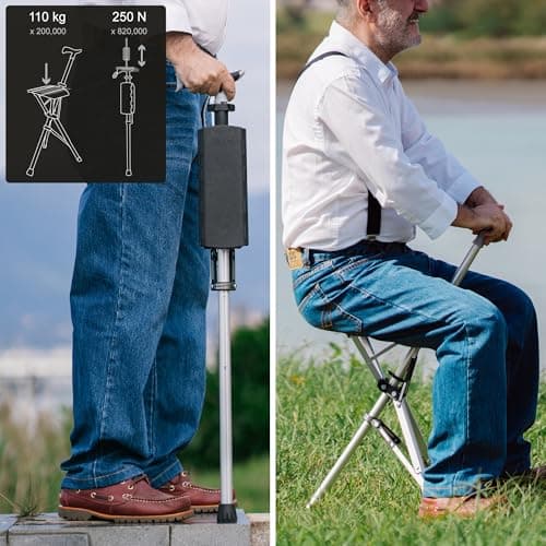 STEP2GOLD Ta-Da Chair - Walking Stick with Seat, Ultra-Light Aluminium Frame & Sturdy Foldable Stool (up to 110kg), Collapsable Folding Design, Ideal for Travel & Sightseeing - Black, 82 cm — view 2