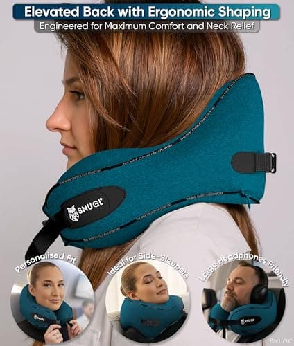 SNUGL Travel Pillow – Memory Foam Neck Pillow for Travel – Support Cushion for Airplane with Carry Bag & Clip - Holiday Essentials (Teal - Adult Small) — view 4