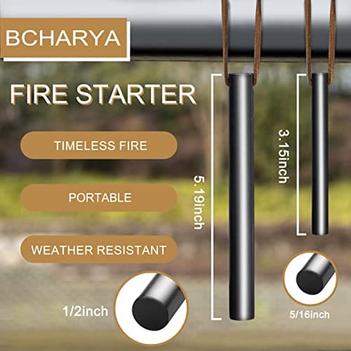 BCHARYA Round Solid Ferro Rod & Jumbo Tinder Rope, Survival Igniter with Neck Lanyard & Multi-Tool Striker Lanyard, Pocket Fire Bellow — view 3