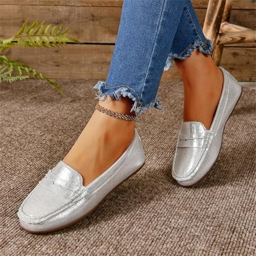Leather Penny Loafers for Women Slip‑On Flats Pumps Moccasin (Silver 4 UK) — view 5