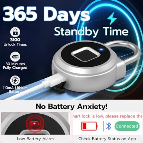 Eseesmart Fingerprint Padlock, Gym Locker with Fingerpirnt Bluetooth APP Control, Smart Fingerprint Lock, Keyless Outdoor Waterproof Security Suitcase Luggage School Backpack (Sliver) — view 5
