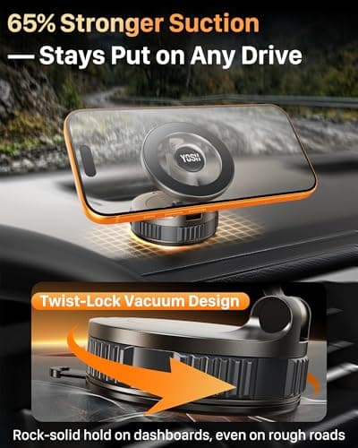 YOSH Vacuum Magnetic Phone Holder, [22×N55 Magnets & 54KG Vacuum] for MagSafe Car Mount, 360° Rotatable Base & Foldable Arm for Dashboard Windscreen, for iPhone 17 16 15 14 13 Samsung Pixel — view 5