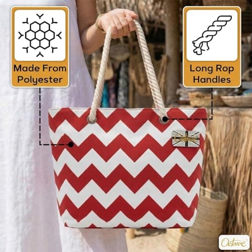 Octave Summer Beach Bag For Women – Ombre Two Tone Cotton Canvas Drawstring Tote Bag, Large Lightweight Holiday Shoulder Shopper, One Size (Red & White) — view 2