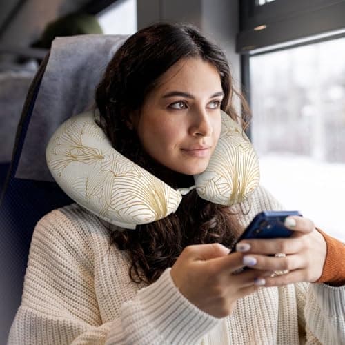 AUGUSTRUSH Memory Foam Neck Pillow - Travel Pillow With Adjustable Clasp, Removable Washable Cover For Airplane Office Car, Ergonomic Support Comfortable U-Shaped Pillow, Rose Gold Print — view 5