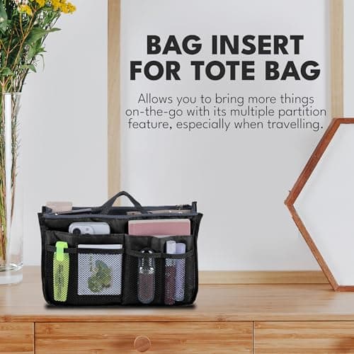 JJ PRIME - Multi-Compartment Handbag Insert | Expandable Liner Bag Pouch Zipper Closure | Tote Bag Organiser Insert with 13 Pockets and Handle for Easy Lifting (Travel, Cosmetics, Toiletries), Black — view 4