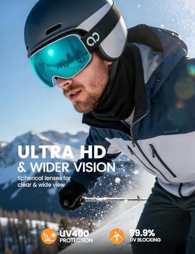Lamicall Ski Goggles, Skiing Goggles - 【HD Spherical Lens】 Anti-fog Snow Snowboard Goggles with Wide OTG Over Helmet Compatible, UV400 Protection for Men & Women - White Frame - GreenBlue — view 2