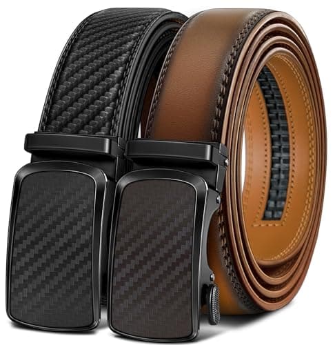 BULLIANT Men's Ratchet Belt 2 Pack, Click Leather Belt 1 3/8",Cut for Fit(Light Brown/Black,32"-38" Waist Adjustable)