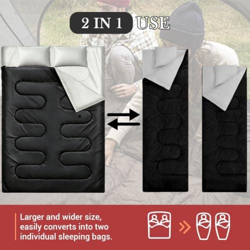 Double Sleeping Bag with 2 Pillows, Large Sleeping Bags for Adults and Kids — view 3