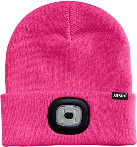 ATNKE Kids LED Lighted Beanie Cap, USB Rechargeable 4 LED Headlamp Waterproof Winter Warmer Knit Night Hats with Light for Boys Girls/Rose Red — view 2