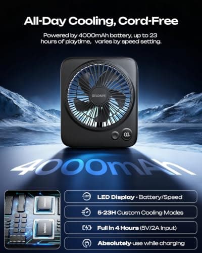 Otlonpe Portable Desk Fan, 4000mAh Small Rechargeable Quiet Personal Fan Battery-Operated & USB-Powered with LED Display for Bedroom Travel Sleeping Table Office Home Use, Cordless, 4-Speed, 6.5Inch — view 3