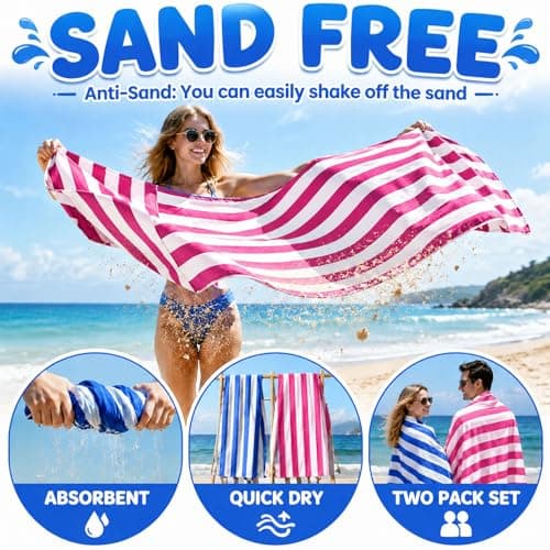 Admygo Microfibre Beach Towels for Adults - 2 Pack 180 x 90 cm Extra Large Beach Towels with Drawstring Bags, Quick Dry Lightweight Sand Free Towel for Swim, Travel, Gym (Stripe Dark Blue & Pink) — view 3