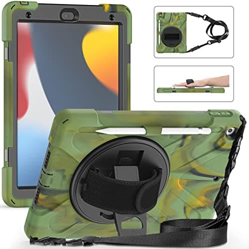 UFinetech iPad 9th Generation Case, iPad 10.2 2019 Case, iPad Case 7th/8th, 360 Rotate Stand Hand Strap Shoulder Strap Pencil Holder, Drop-Proof Protective Kids iPad Case 2021/2020/2019, Camouflage