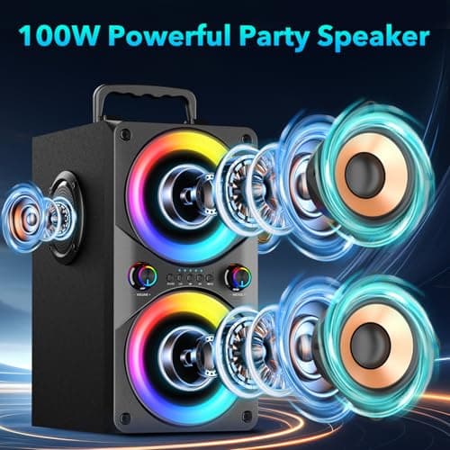 RRNUY Bluetooth Speaker 100W Portable Big Powerful Deep Bass Loud Sound Wireless Boombox with Subwoofer TWS LED Lights DSP Large Wooden Speakers for Outdoor Home Party — view 2