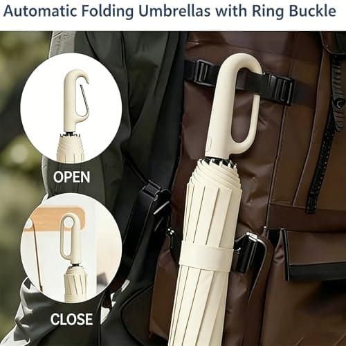 Sumlly Umbrella with Hook Handle, Compact 12 Ribs Umbrella Women Men,Beige — view 3
