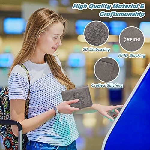DMLuna Passport Holder, Premium PU Leather Travel Passport Wallet RFID Blocking Passport Cover Case Travel Documents Organizer with Pen Holder, for Women and Men - Grey — view 6
