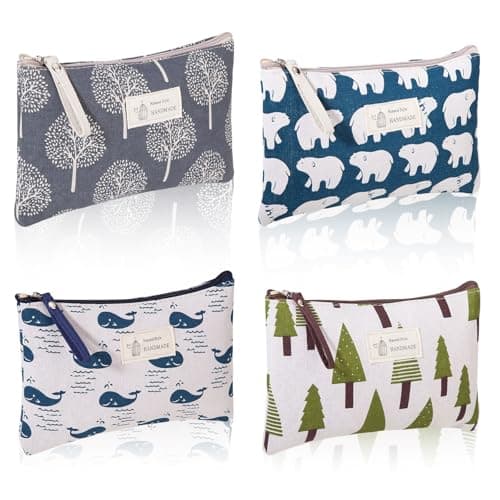 4 Pcs Canvas Cosmetic Bags, Printed Make Up Bags for Women, Multifunctional Travel Toiletry Bag with Zipper, Small Makeup Bag for Handbag for Gift Travel Daily Use