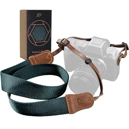 Padwa Lifestyle Dark Blue Green Camera Strap -Double Layer Crazy Horse Cowhide End,1.5" Wide Pure Cotton Woven Camera Straps,Adjustable Neck Shoulder Strap for All DSLR Cameras,Gift for Photographers