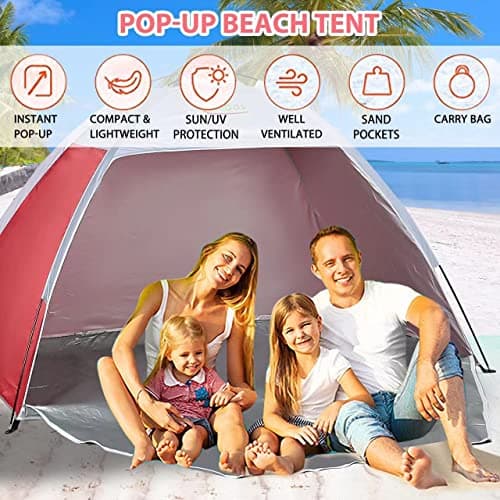 Unibos Large Pop Up Beach Tent for (2-3) Person, Portable Automatic Waterproof Sun Shade Tent Easy Set Up Lightweight Pest Proof UV 50+ Sun Shelter with Extended Zippered Porch (Red) — view 4