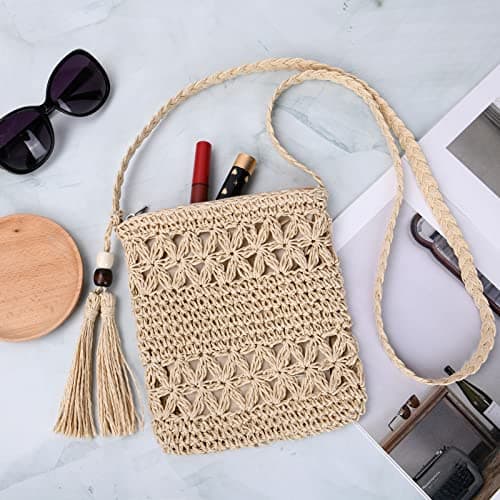 Aucuu Straw Bag for Women, Summer Beach Straw Purse with Tassel, Weave Handmade Single Crossbody Bag with Zipper, Bohemian Shoulder Purse for Summer Beach Travel — view 5