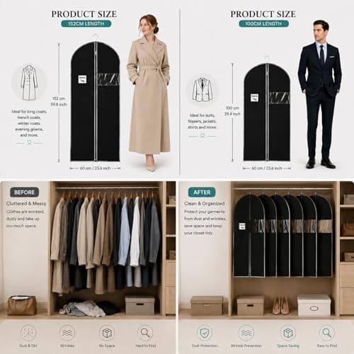 URMI Suit Bag, Breathable 60 x 100cm (5 PCS) Garment Bags Clothes Bags for Storage with Clear Window Dust Moth Proof Dress Bags Protector for Suit, Coat, Jacket, Dress Closet Storage Black — view 5