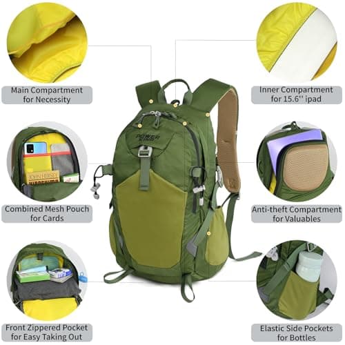 Lightweight Hiking Backpack, 30L Women/Men Waterproof Travel Rucksack Bag with Rain Cover, Outdoor Small Foldable Daypack for Student, Fit for 15.6 inch Laptop (Green, 30L) — view 5