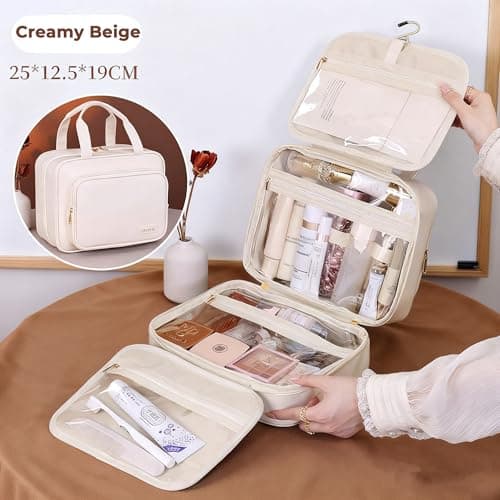Yuexitech Hanging Travel Toiletry Bag, Waterproof PU Leather Cosmetic Organizer, Large Capacity Wash Bag for Women, Multi-Compartment Travel Wash Bags with Hook, Creamy Beige — view 3