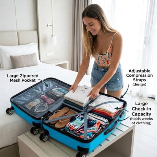 DK Luggage 28 Inch Large Hard Shell Suitcase 4 Wheel Spinner Checked Luggage, 23kg – 27kg Capacity ABS25 (Blue, 28" Large) — view 3