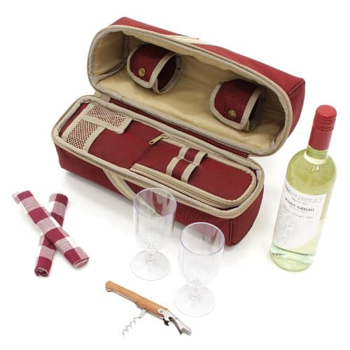 2 Person Deluxe Insulated Wine Cooler Bag for Picnic, Camping and Beach with 2x Polycarbonate Wine Glasses in Mulberry Red — view 5